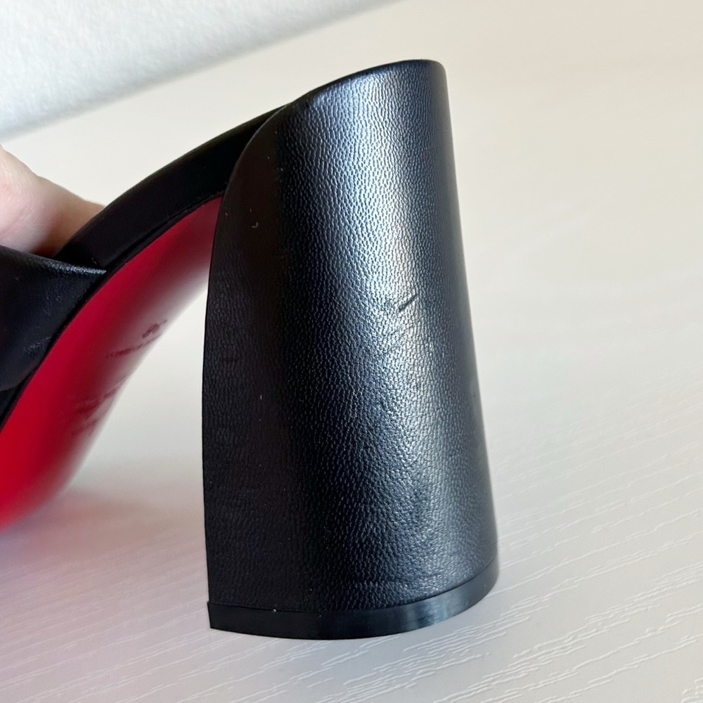 Christian Louboutin Black Leather Crisscross Block Heel Sandals with Red Sole - Picture 11 of 13